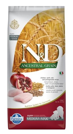 N&D Dog Ancestral Grain csirke,tönköly,zab&gránátalma Puppy Medium&maxi 